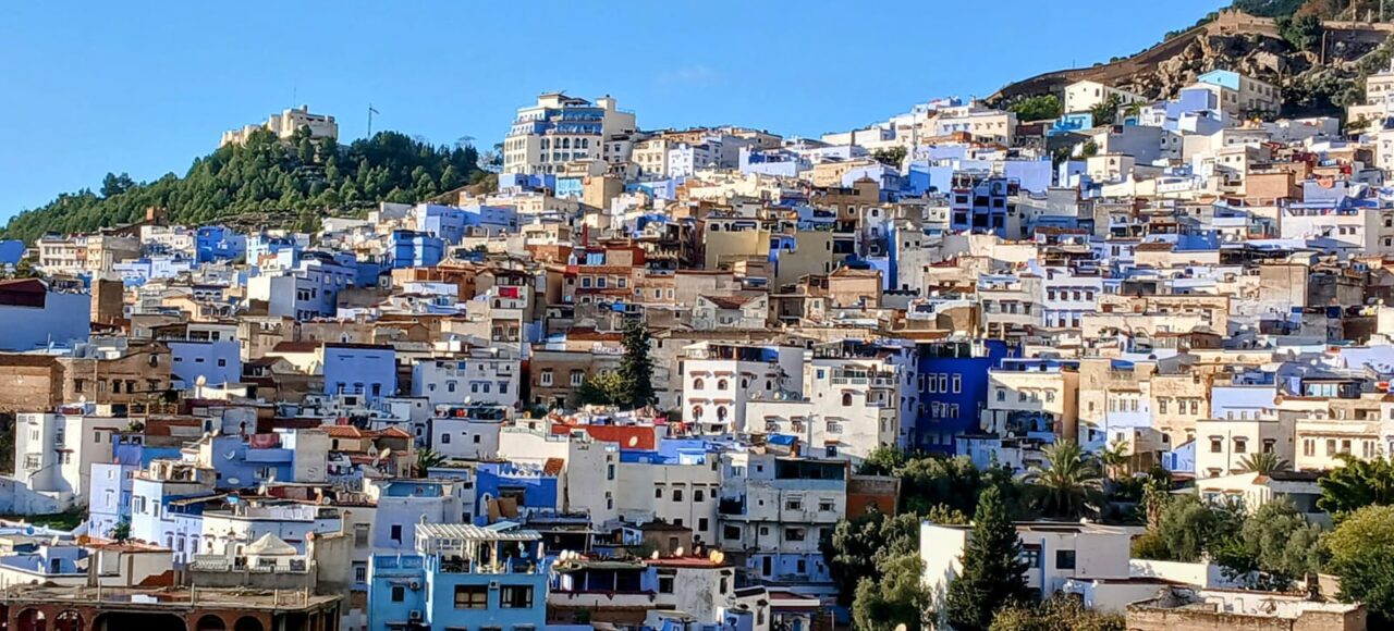 Panoramic view of Chefchaouen, Morocco’s Blue City in the Rif Mountains