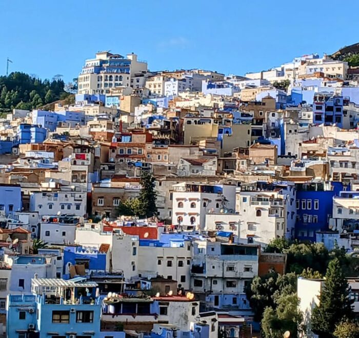 Panoramic view of Chefchaouen, Morocco’s Blue City in the Rif Mountains