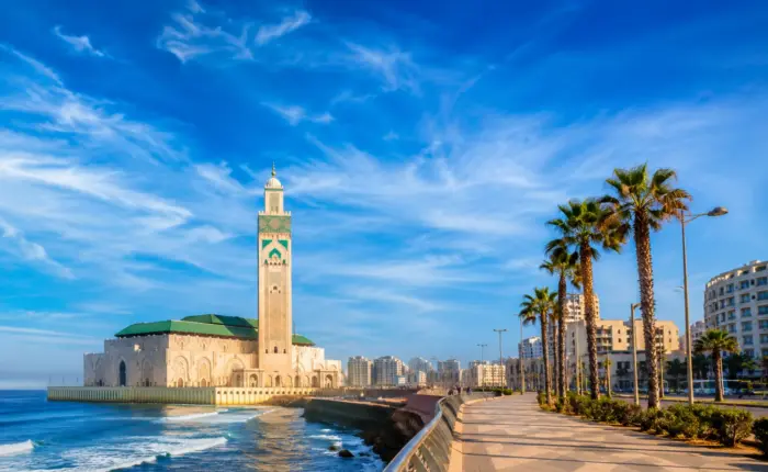 Hassan II Mosque in Casablanca overlooking the Atlantic Ocean, with palm-lined waterfront and clear blue sky.