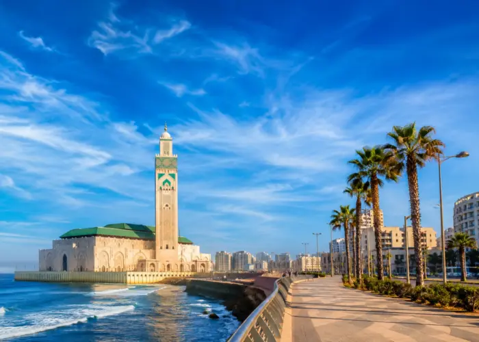 Hassan II Mosque in Casablanca overlooking the Atlantic Ocean, with palm-lined waterfront and clear blue sky.