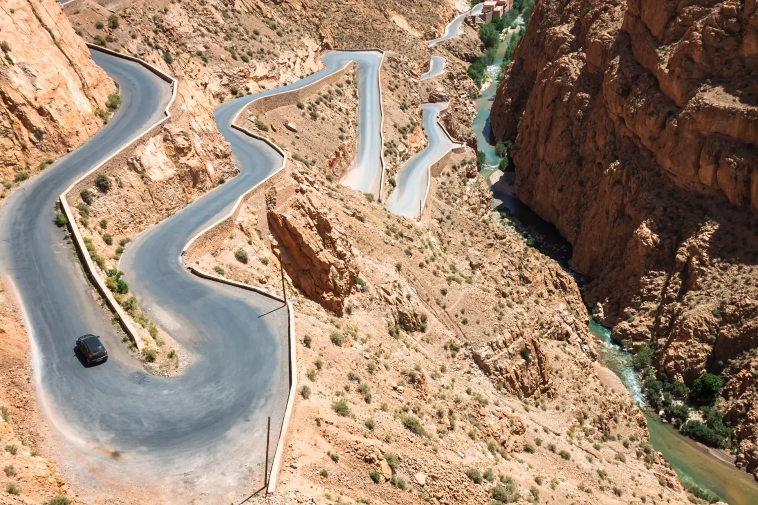 Dades Gorges winding mountain road in the High Atlas Morocco during the 5 Day Sahara Tour from Marrakech