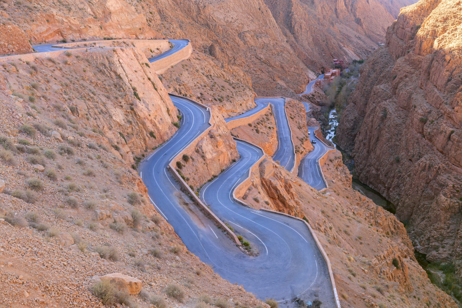 Aerial view of the Dades Gorge winding road in Morocco, part of the 3 Days / 2 Nights Marrakech to Fes via Merzouga Desert Tour