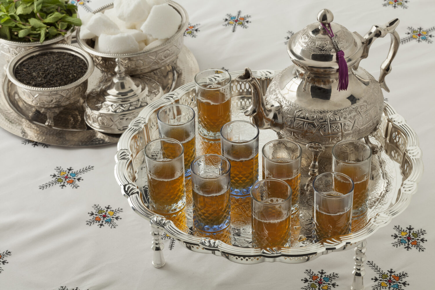 Traditional Moroccan mint tea served in a silver teapot with glasses
