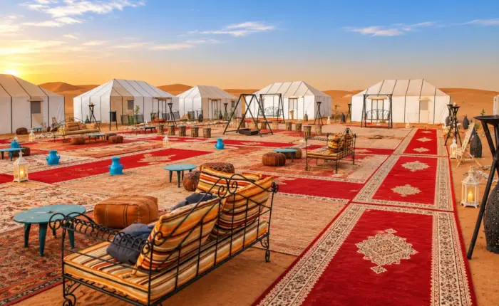 Luxury desert camp in Merzouga with neatly arranged red Moroccan rugs