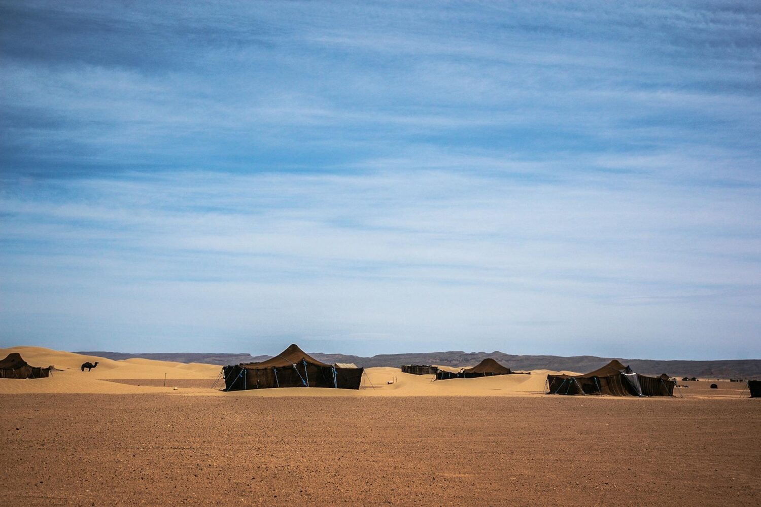Nomad tent in the Agafay Desert with blue sky