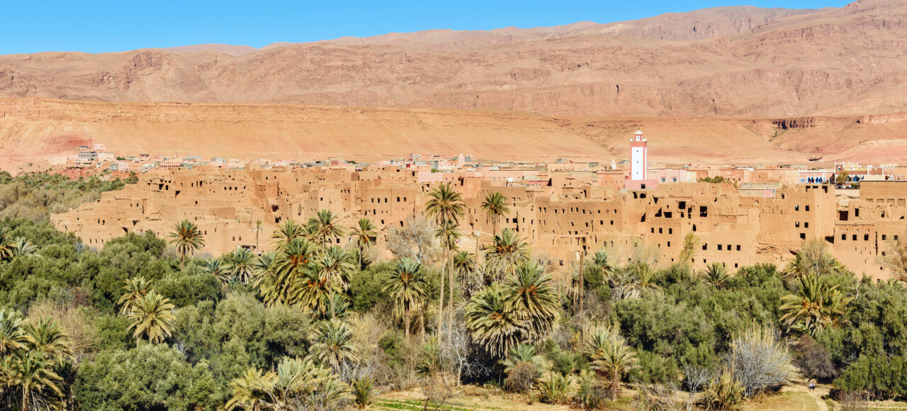 View of Tinghir city and Todra oasis in the Atlas Mountains, Morocco.