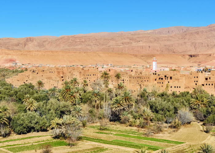 View of Tinghir city and Todra oasis in the Atlas Mountains, Morocco.