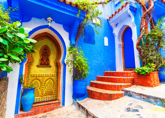 9-Day Imperial Cities & Sahara Tour from Casablanca Blue stairs and colorful flower pots in the medina of Chefchaouen, Morocco