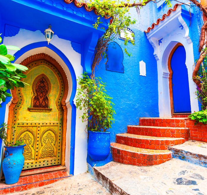 9-Day Imperial Cities & Sahara Tour from Casablanca Blue stairs and colorful flower pots in the medina of Chefchaouen, Morocco
