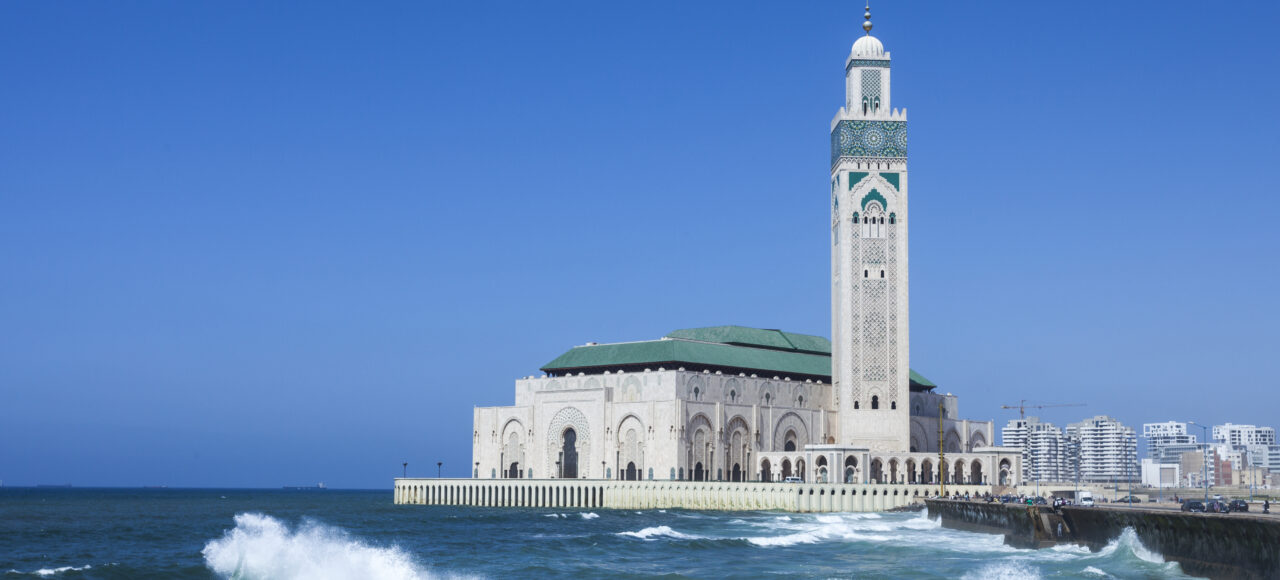 Hassan II Mosque in Casablanca Morocco with Atlantic Ocean view