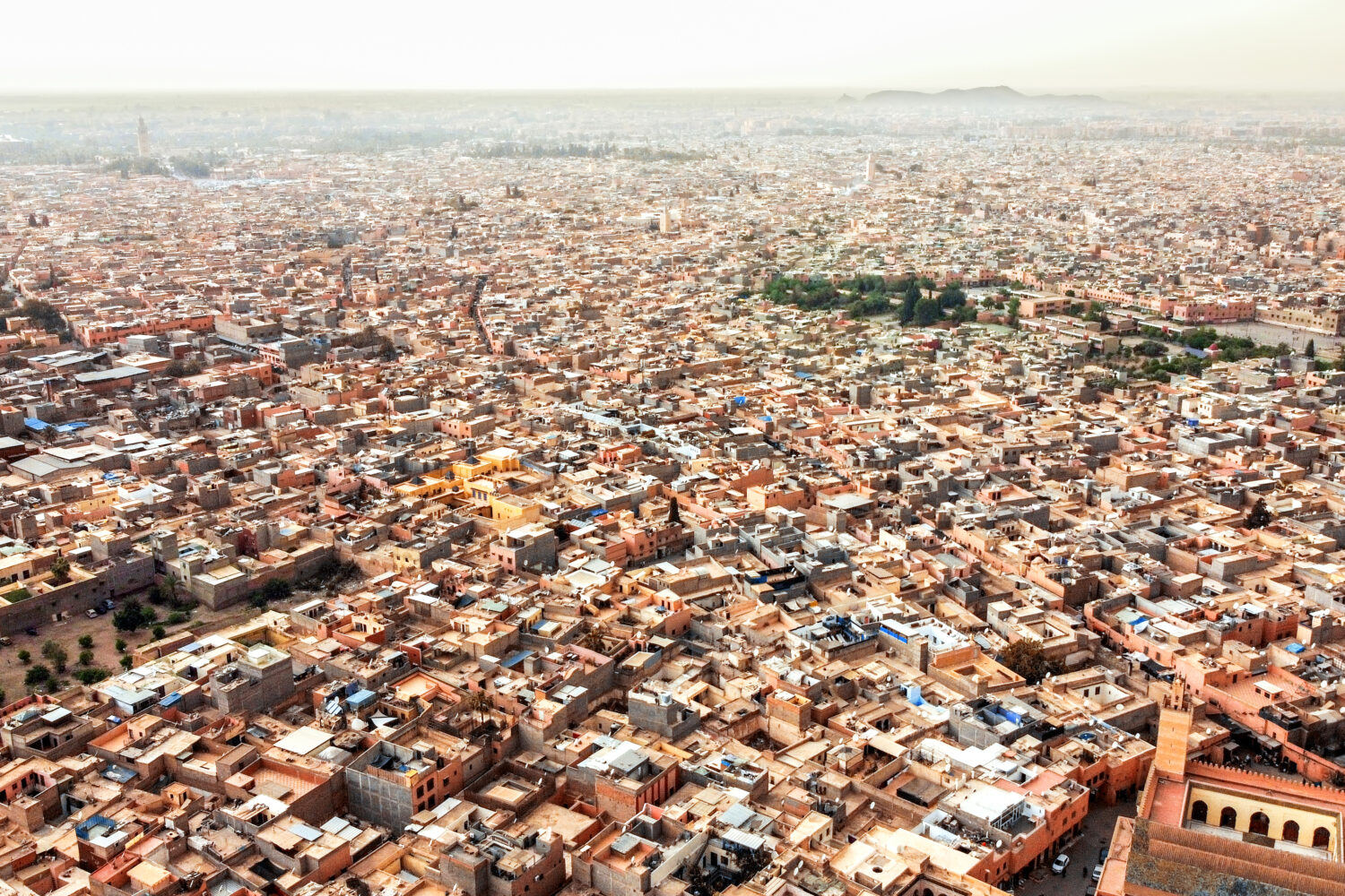 Aerial drone view of Marrakech city in Morocco, showing a safe and peaceful country loved by travelers from around the world.