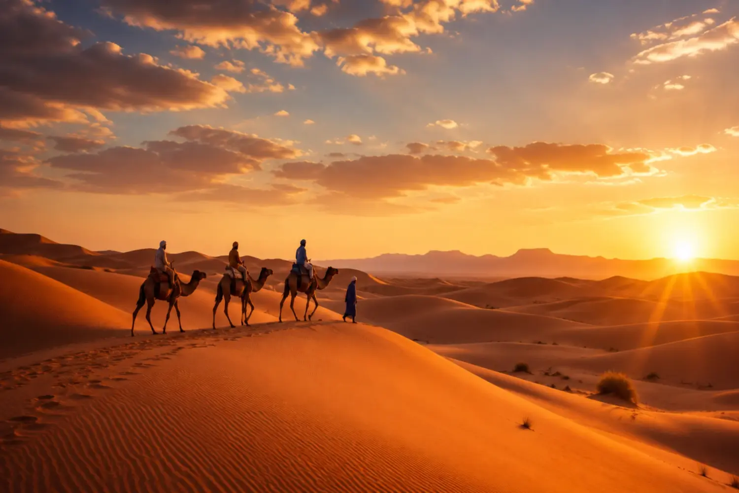 Private Morocco desert tour with camel caravan crossing the golden dunes of Merzouga at sunset in the Sahara Desert