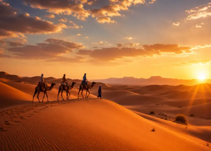 Private Morocco desert tour with camel caravan crossing the golden dunes of Merzouga at sunset in the Sahara Desert.