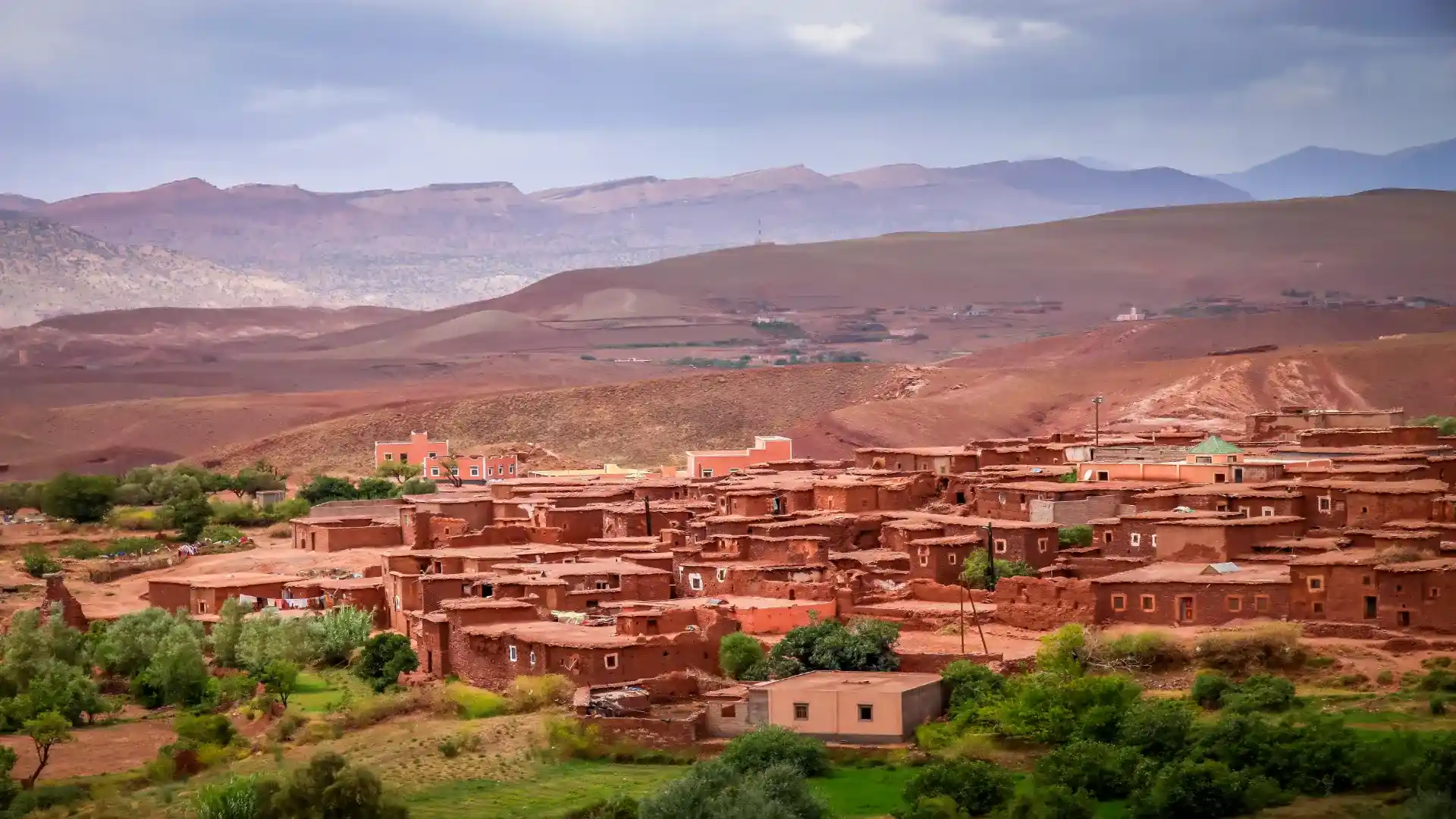 Small Berber village in the Atlas Mountains near Marrakech, traditional mud-brick houses