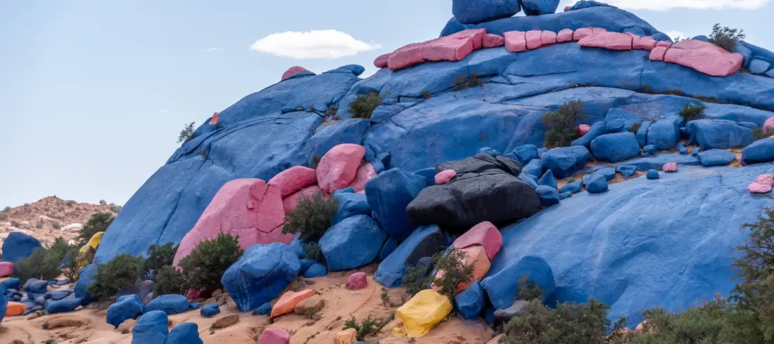 Colorful painted rocks in Tafraout Morocco surrounded by desert landscape