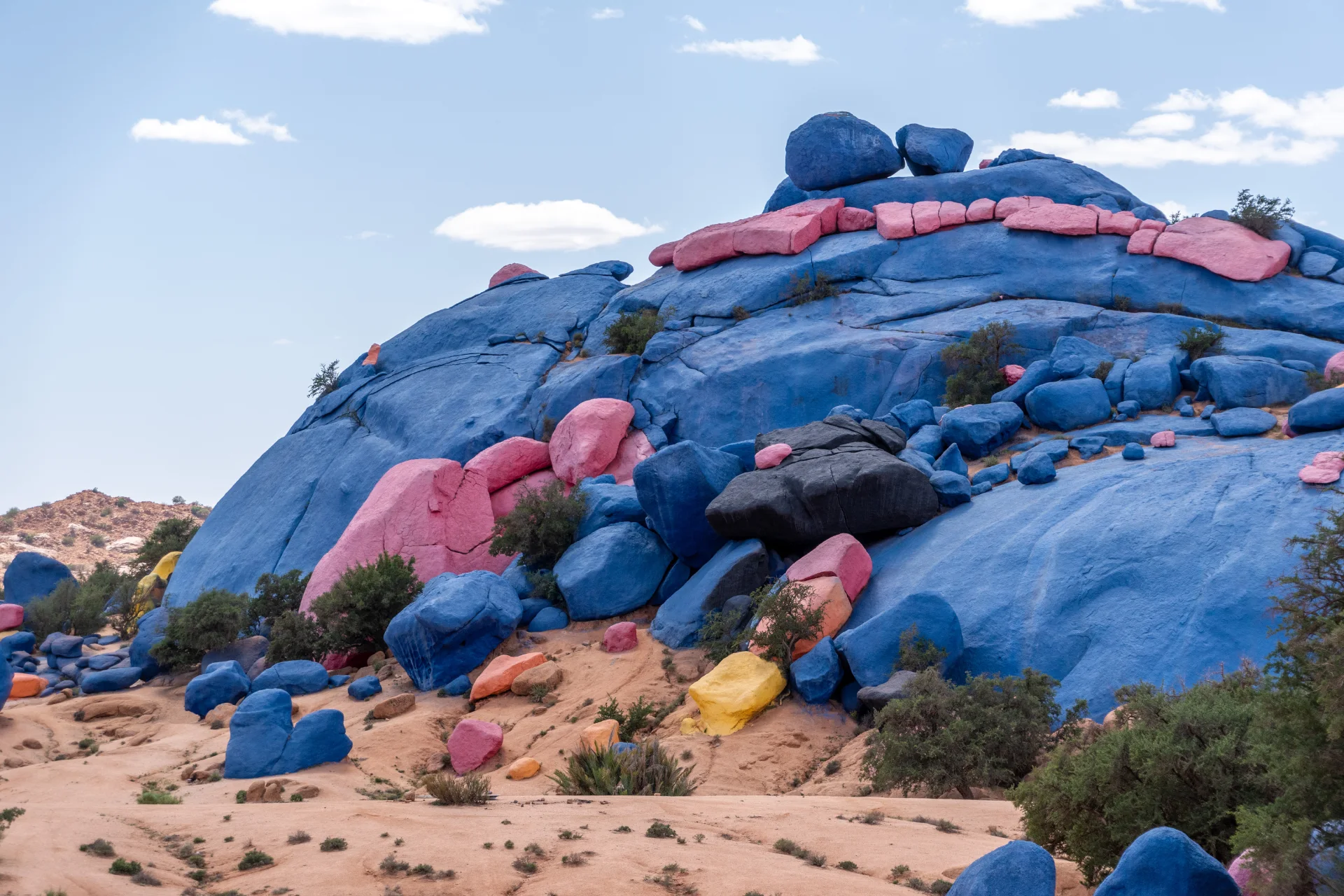 Colorful painted rocks in Tafraout Morocco surrounded by desert landscape