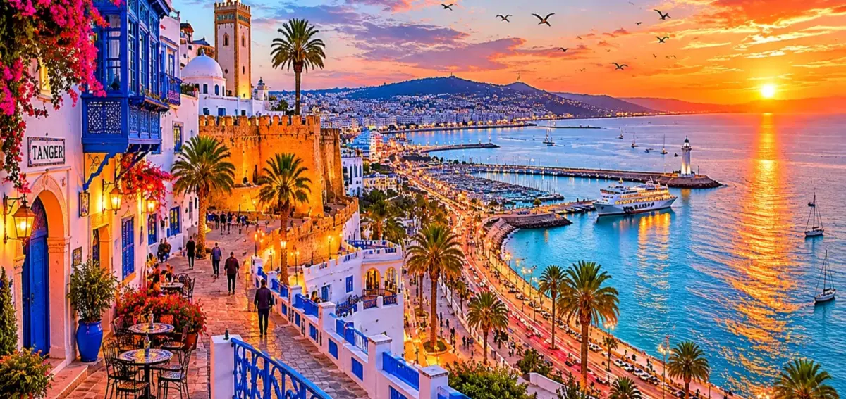 Panoramic view of Tangier Morocco overlooking the marina, Mediterranean coastline, and historic medina at sunset during a private Morocco tour.