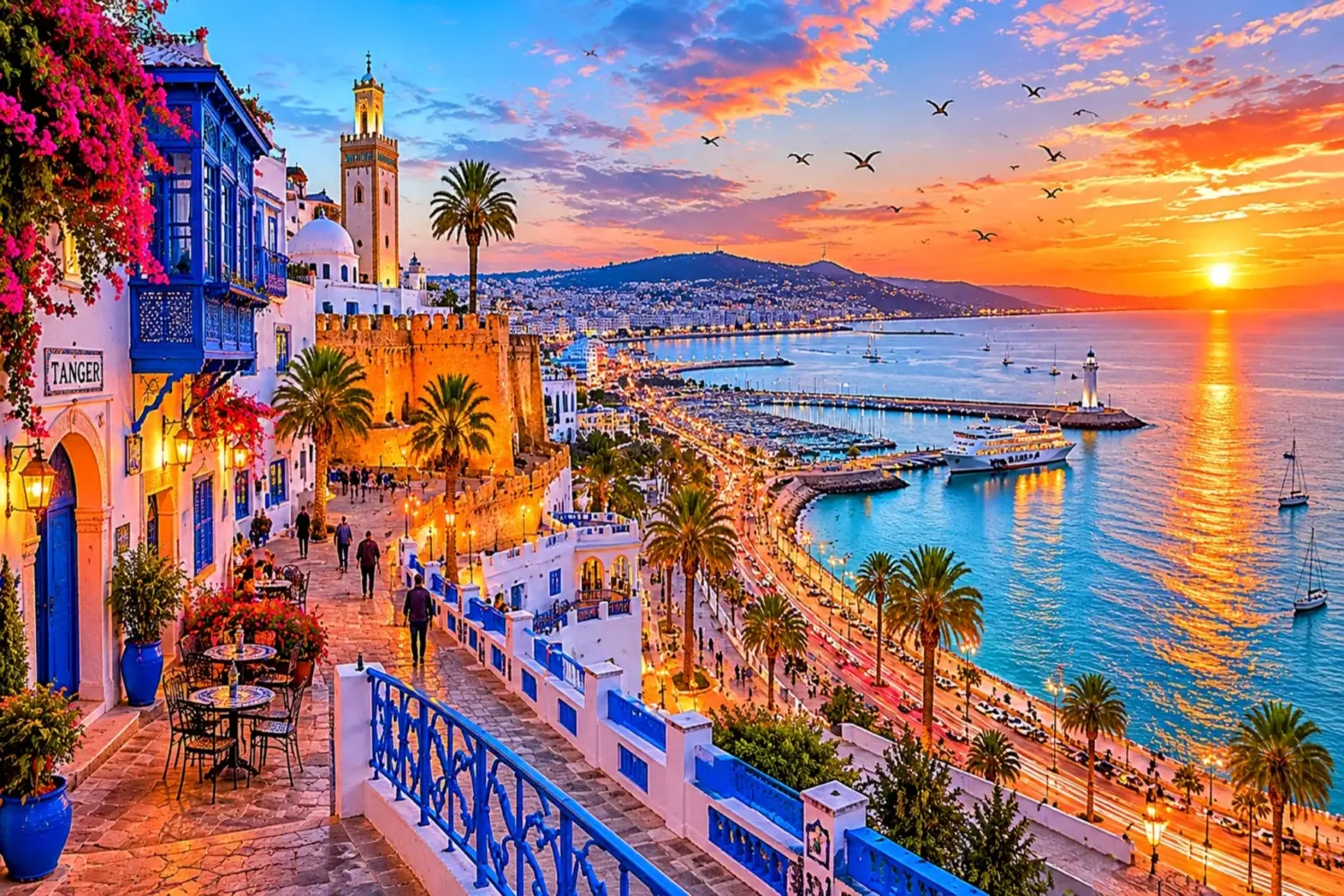 Panoramic view of Tangier Morocco overlooking the marina, Mediterranean coastline, and historic medina at sunset during a private Morocco tour.
