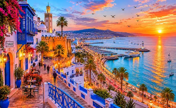 Panoramic view of Tangier Morocco overlooking the marina, Mediterranean coastline, and historic medina at sunset during a private Morocco tour.