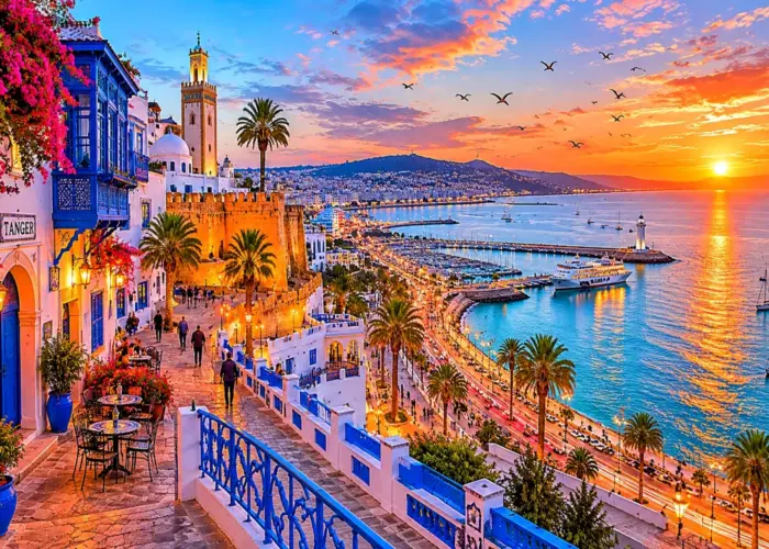 Panoramic view of Tangier Morocco overlooking the marina, Mediterranean coastline, and historic medina at sunset during a private Morocco tour.