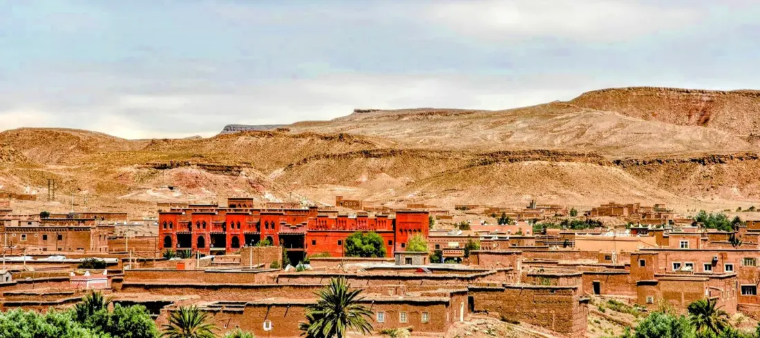 Rocky landscapes and villages along Draa Valley road Morocco