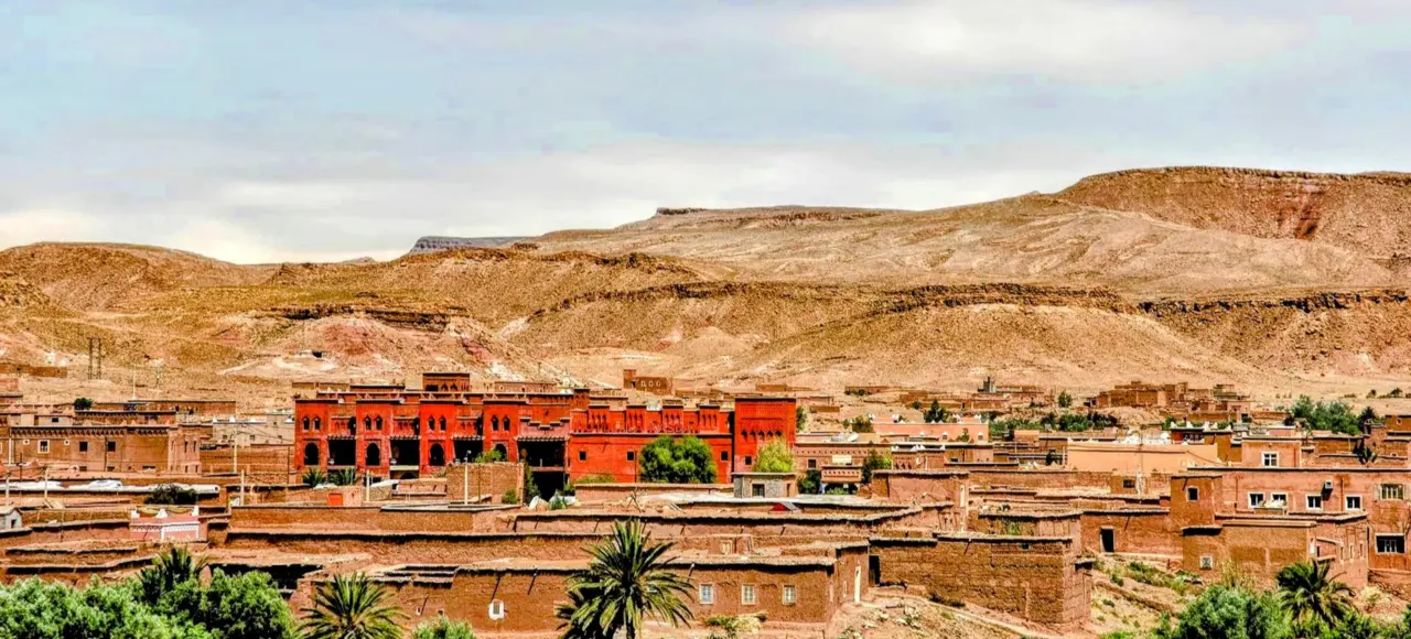 Rocky landscapes and villages along Draa Valley road Morocco