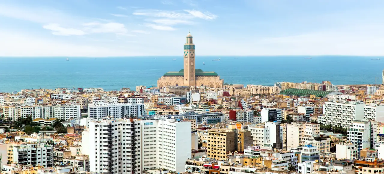 Casablanca city skyline and Hassan II Mosque Morocco during 9-Day Morocco Tour from Casablanca