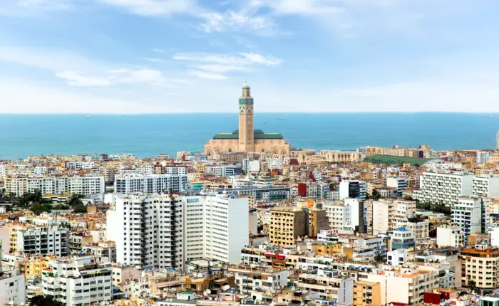 Casablanca city skyline and Hassan II Mosque Morocco