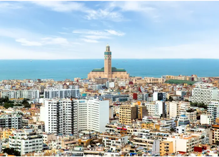 Casablanca city skyline and Hassan II Mosque Morocco