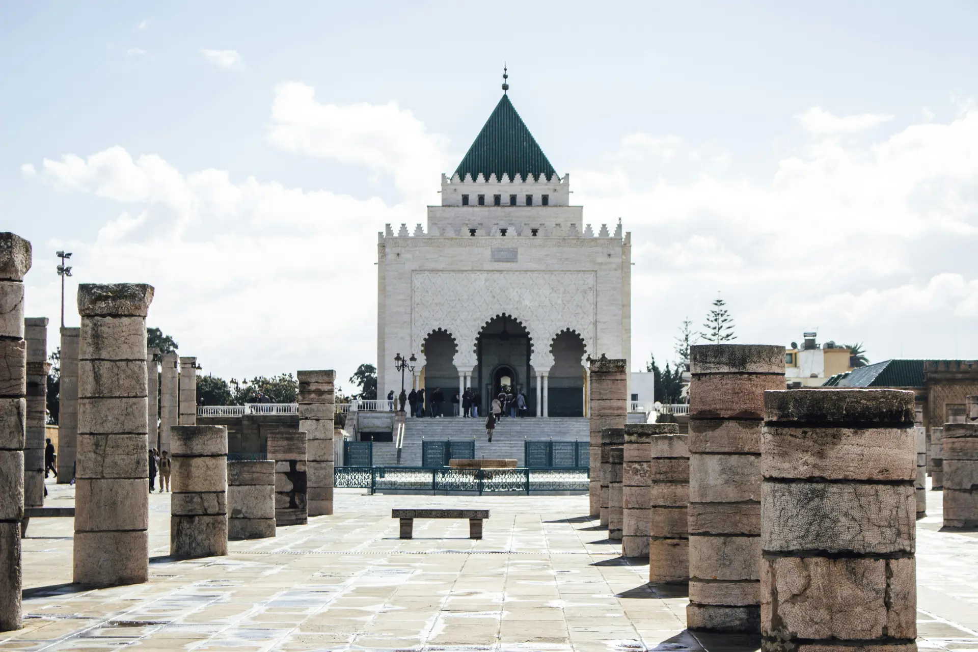 Mausoleum of Mohammed V in Rabat Morocco near Hassan Tower with traditional Moroccan architecture