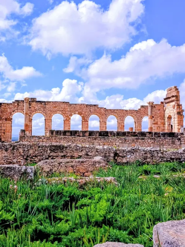 Ancient Roman columns in Volubilis Morocco on 9 day cultural tour from Casablanca