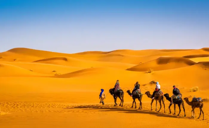 Camel ride in Merzouga Sahara Desert with golden dunes for 5 Day Sahara Tour from Marrakech