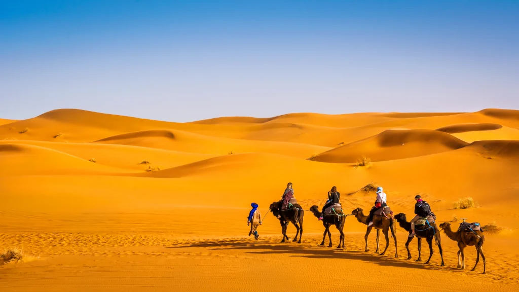 Camel ride in Merzouga Sahara Desert with golden dunes for 5 Day Sahara Tour from Marrakech