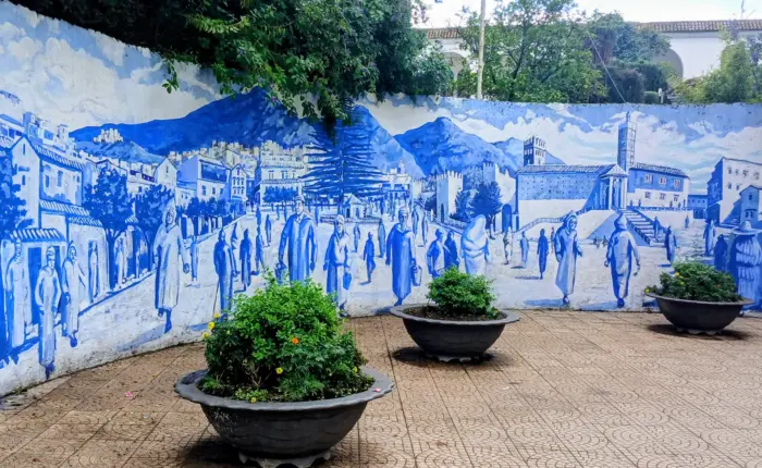 Blue alley with flower pots in Chefchaouen medina during a Day Trip from Fes to Chefchaouen
