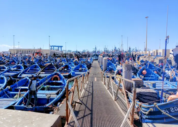 Essaouira fishing port with blue boats Morocco