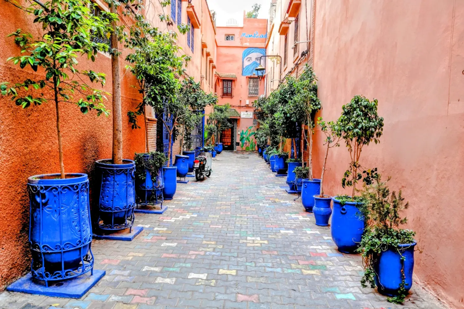 Colorful Marrakech street with blue pots and local shops on 14 Day Jewish Heritage Tour in Morocco from Marrakech