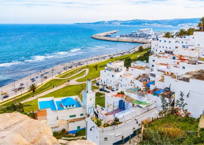 Panoramic view of Tangier coastline with white buildings, blue sea, palm trees, and the city harbor under a clear sky.
