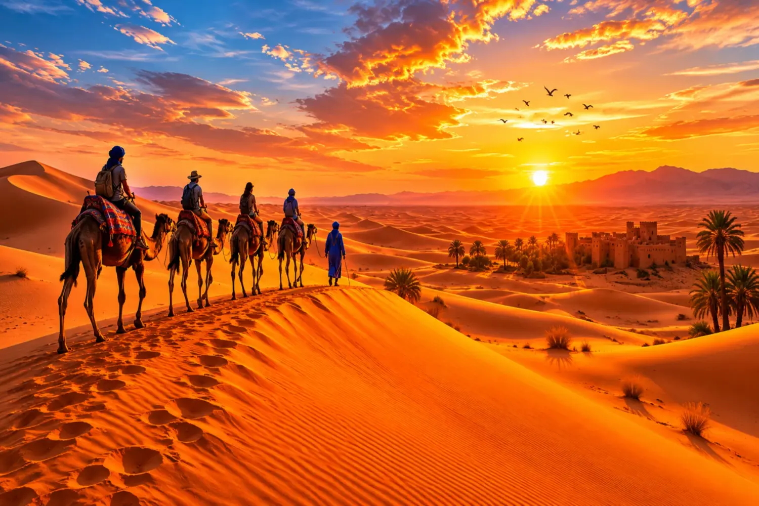 Camel caravan crossing the golden dunes of the Sahara Desert at sunset during a private Morocco desert tour near Merzouga during Top 12 Day Morocco Tour from Tangier