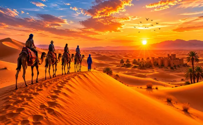 Camel caravan crossing the golden dunes of the Sahara Desert at sunset during a private Morocco desert tour near Merzouga during Top 12 Day Morocco Tour from Tangier
