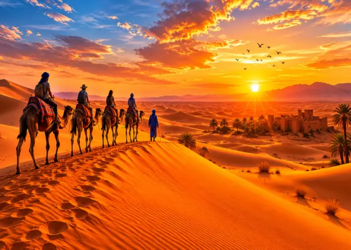 Camel caravan crossing the golden dunes of the Sahara Desert at sunset during a private Morocco desert tour near Merzouga during Top 12 Day Morocco Tour from Tangier