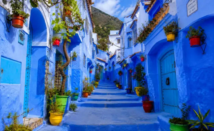Charming blue street in Chefchaouen decorated with colorful flower pots and traditional Moroccan architecture