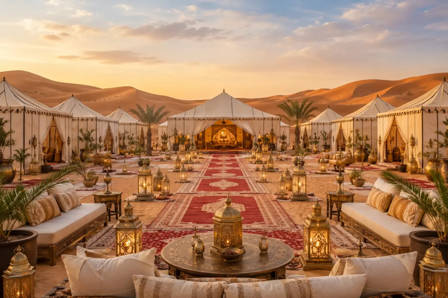 Luxury Royal Desert Camp in Merzouga Sahara Desert with elegant tents, golden dunes, lantern-lit pathways, and premium Moroccan desert accommodation during 4 Day Marrakech to M'Hamid Luxury Desert Adventure.