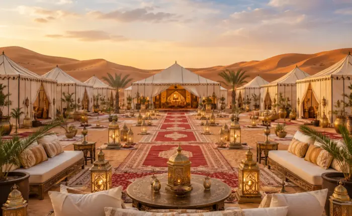 Luxury Royal Desert Camp in Merzouga Sahara Desert with elegant tents, golden dunes, lantern-lit pathways, and premium Moroccan desert accommodation.