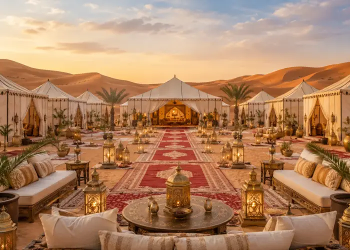 Luxury Royal Desert Camp in Merzouga Sahara Desert with elegant tents, golden dunes, lantern-lit pathways, and premium Moroccan desert accommodation.