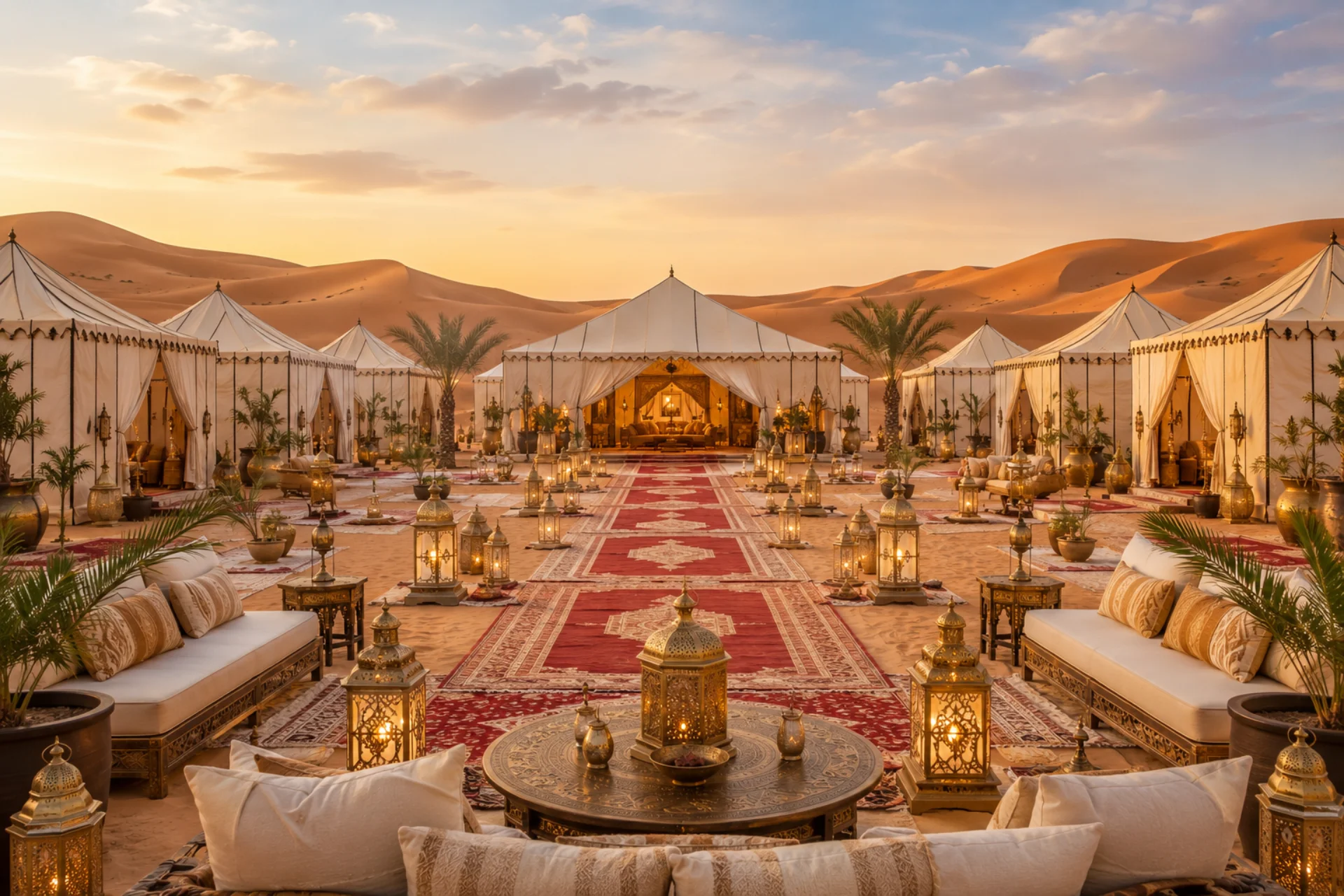 Luxury Royal Desert Camp in Merzouga Sahara Desert with elegant tents, golden dunes, lantern-lit pathways, and premium Moroccan desert accommodation.