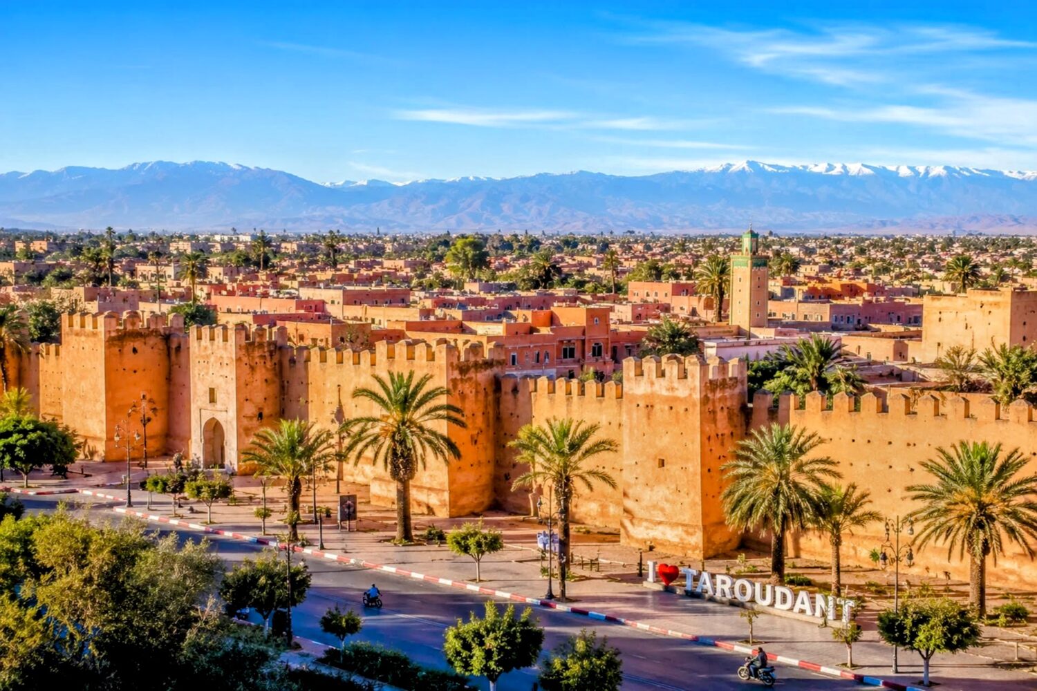 Historic walls and palm-lined streets of Taroudant city in southern Morocco visited on 30 Day Morocco Explorer Tour from Casablanca.