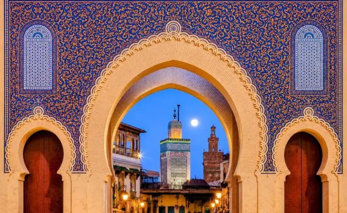 Bab Boujloud Gate in Fes, the famous Blue Gate and main entrance to the historic Medina, featured on a private tour of Morocco with Morocco Marrakech Gems.