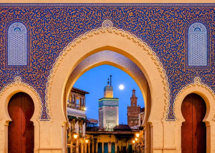Bab Boujloud Gate in Fes, the famous Blue Gate and main entrance to the historic Medina, featured on a private tour of Morocco with Morocco Marrakech Gems.