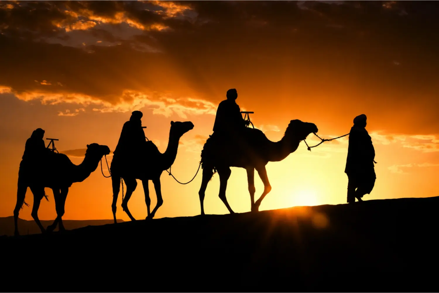 Alt Text: Camel caravan crossing the Merzouga dunes at sunset during 7 Day Tour Sahara and Chefchaouen from Casablanca