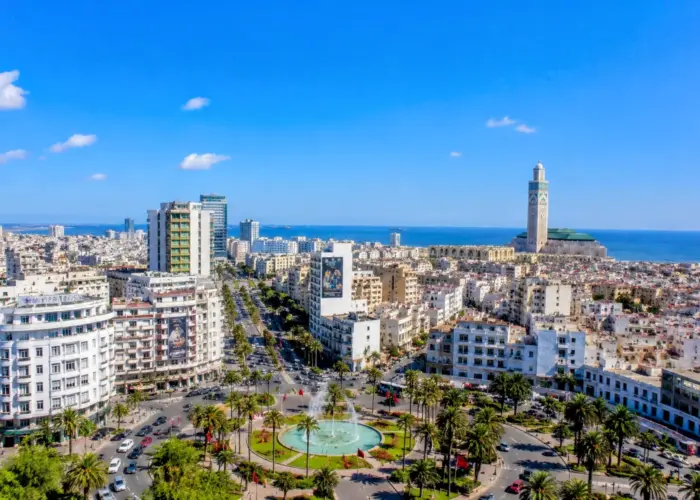 Panoramic view of Casablanca city with Hassan II Mosque, palm-lined streets, modern buildings, and a clear blue sky.
